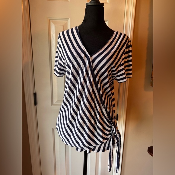 Michael Kors, Linen Blend, Navy and White Striped Wrap Top - Picture 1 of 9